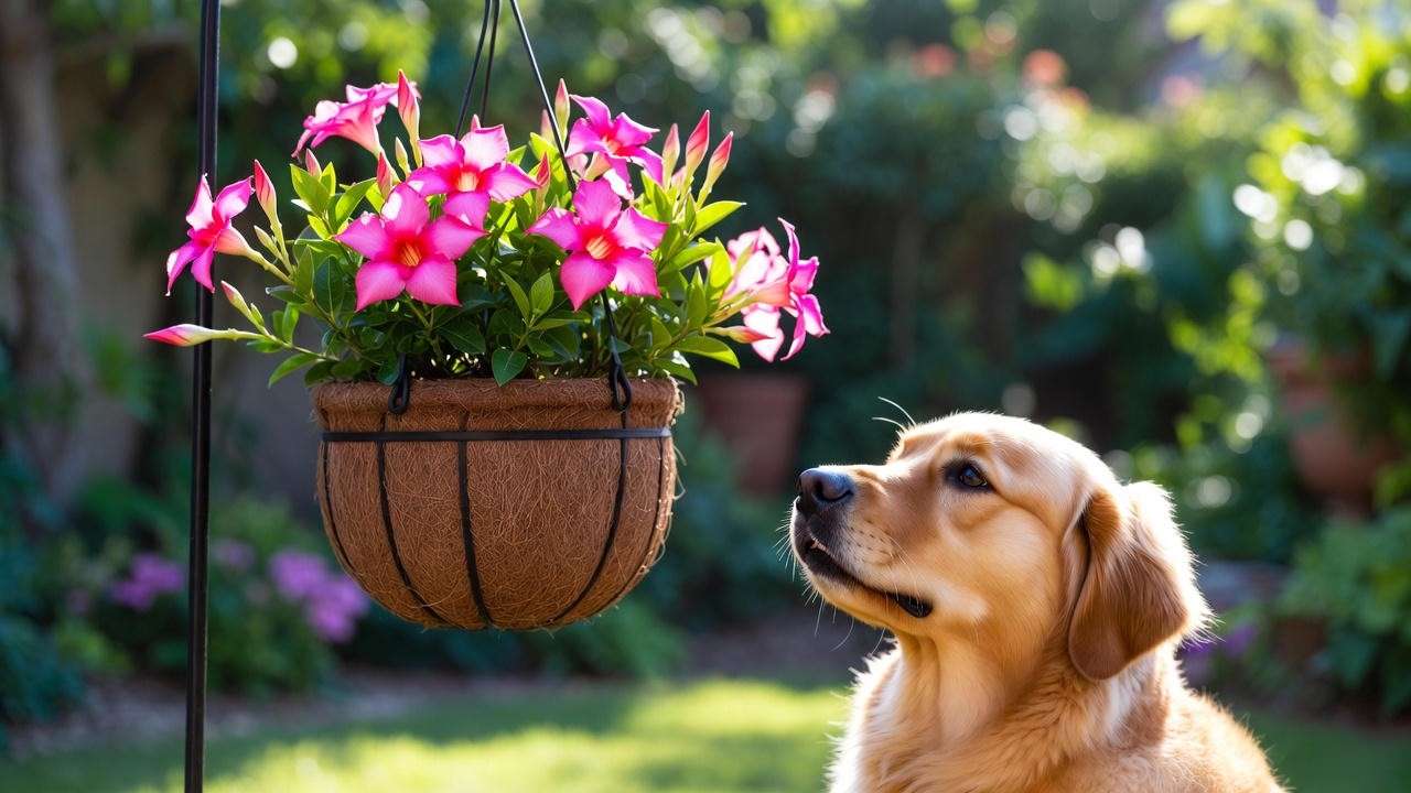 Safe mandevilla placement in high hanging basket out of reach of dogs