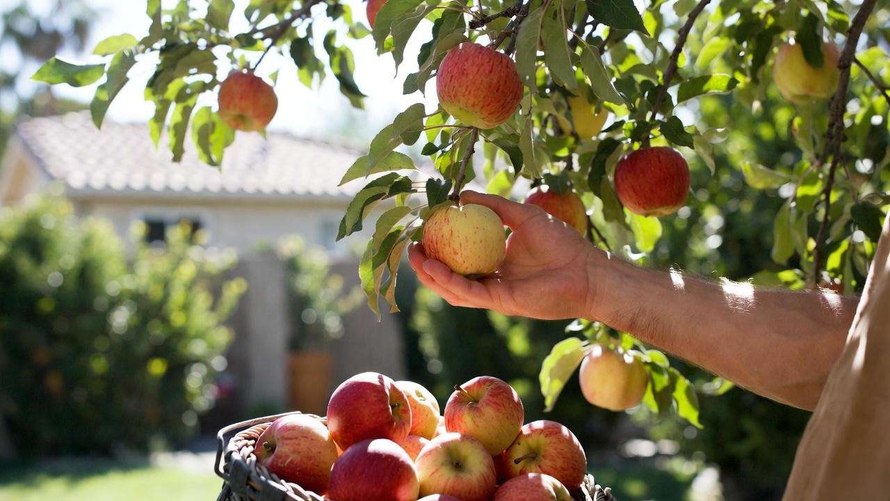 Harvesting ripe Anna apples by hand in a sunny warm climate backyard with a basket."