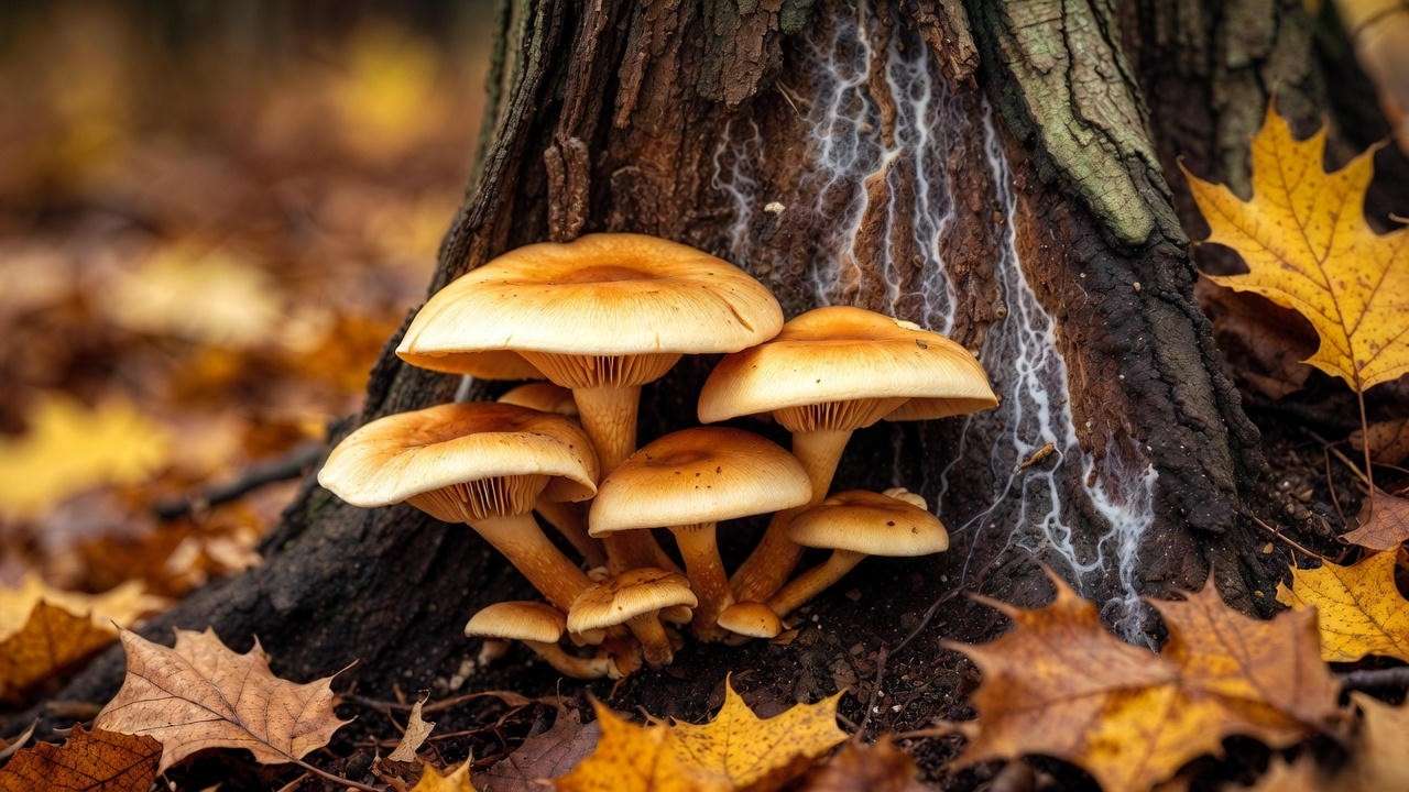 Armillaria honey mushrooms at tree base indicating root rot – mushroom in the tree danger sign