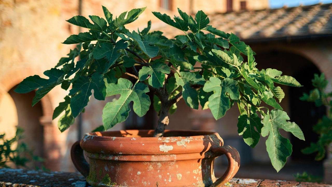 Century-old aged Impruneta terracotta pot with beautiful natural patina and healthy fig tree