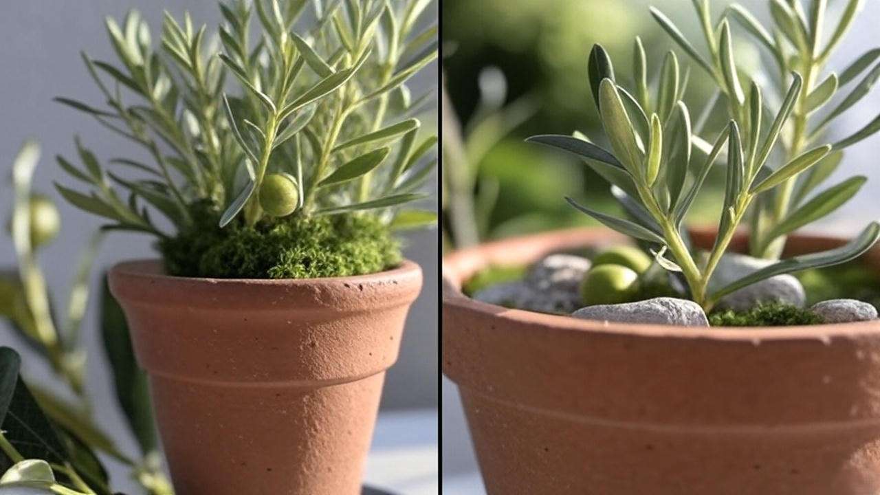 Faux olive tree before and after repotting into terracotta pot with moss