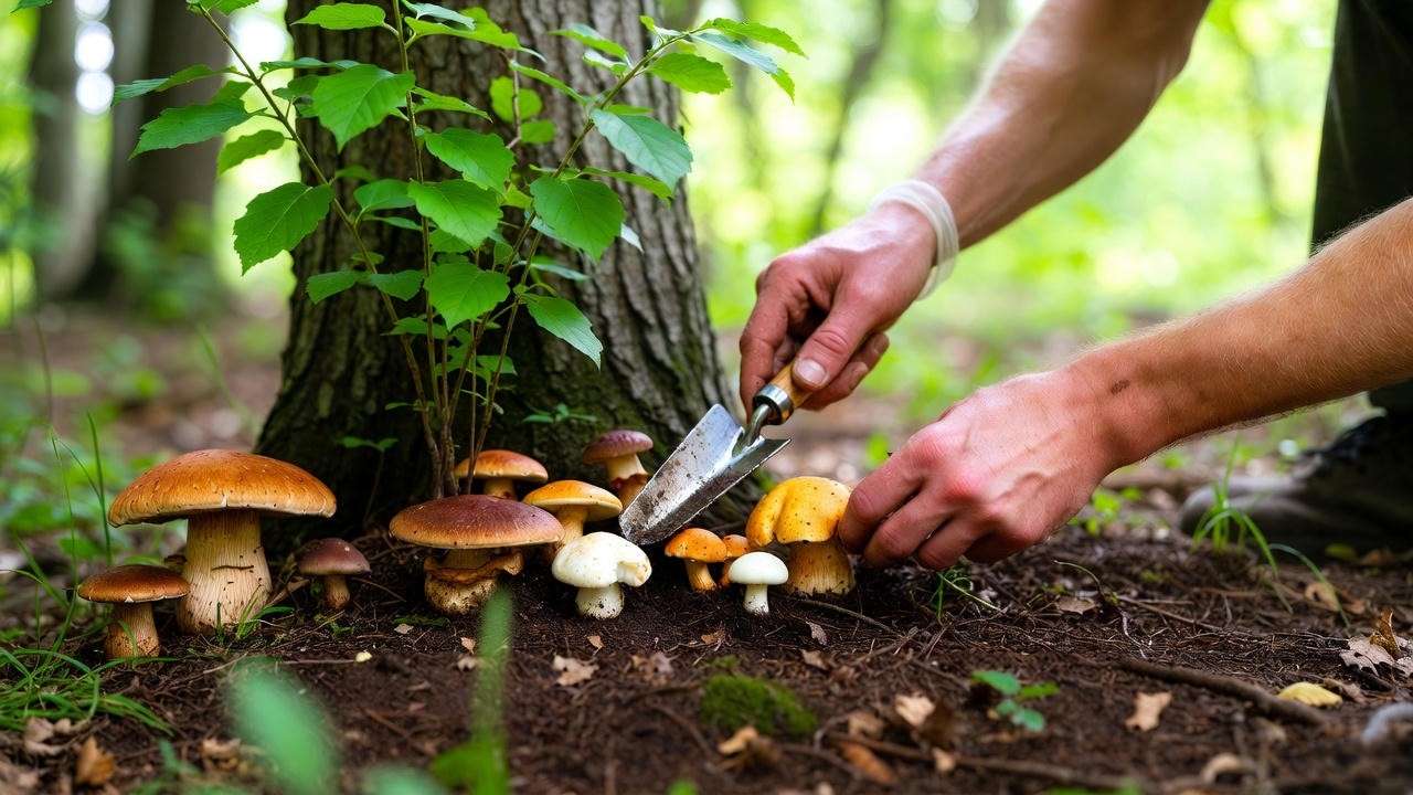 Person removing tree mushrooms safely with gloves and trowel, healthy tree in background."