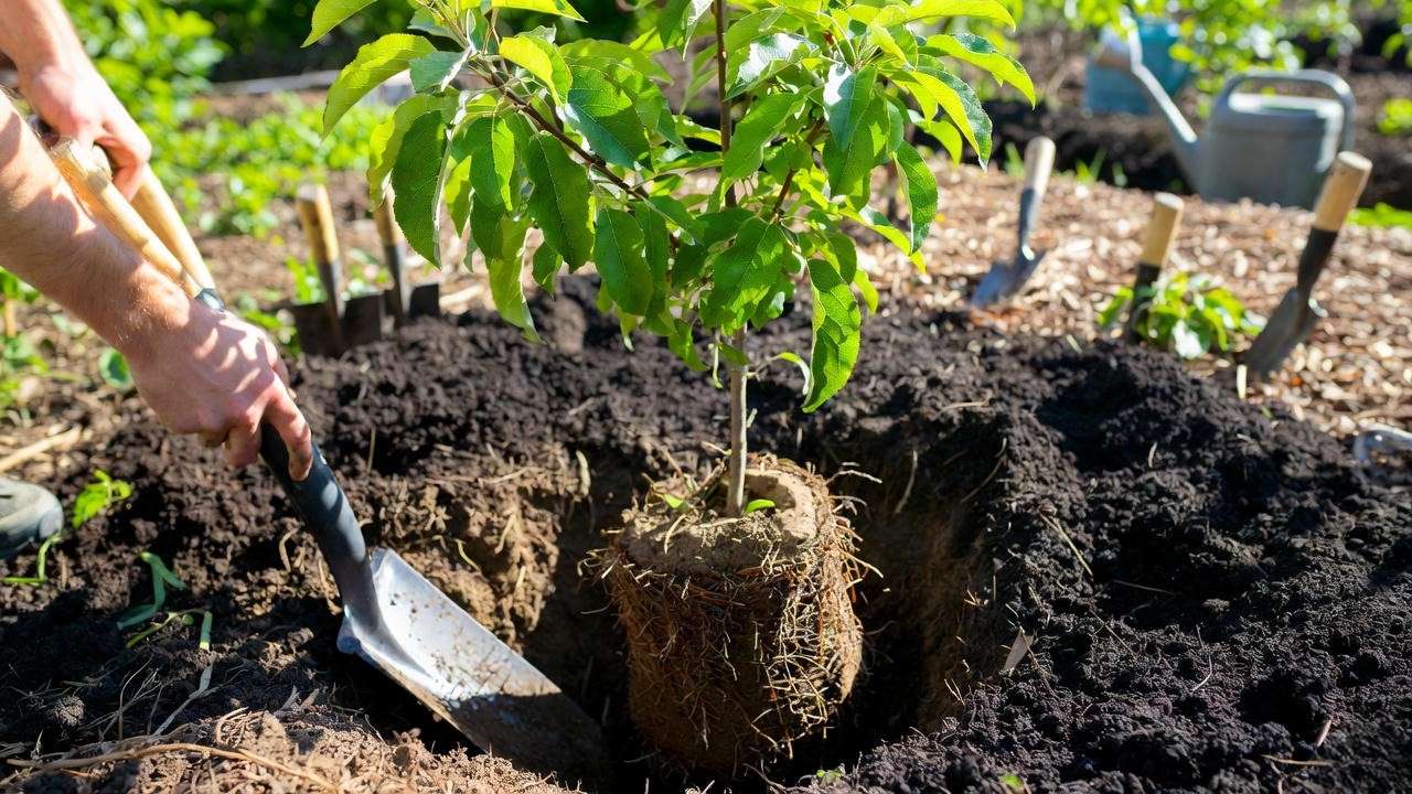 Gardener planting an Anna apple tree in a sunny warm climate garden with amended soil and tools."