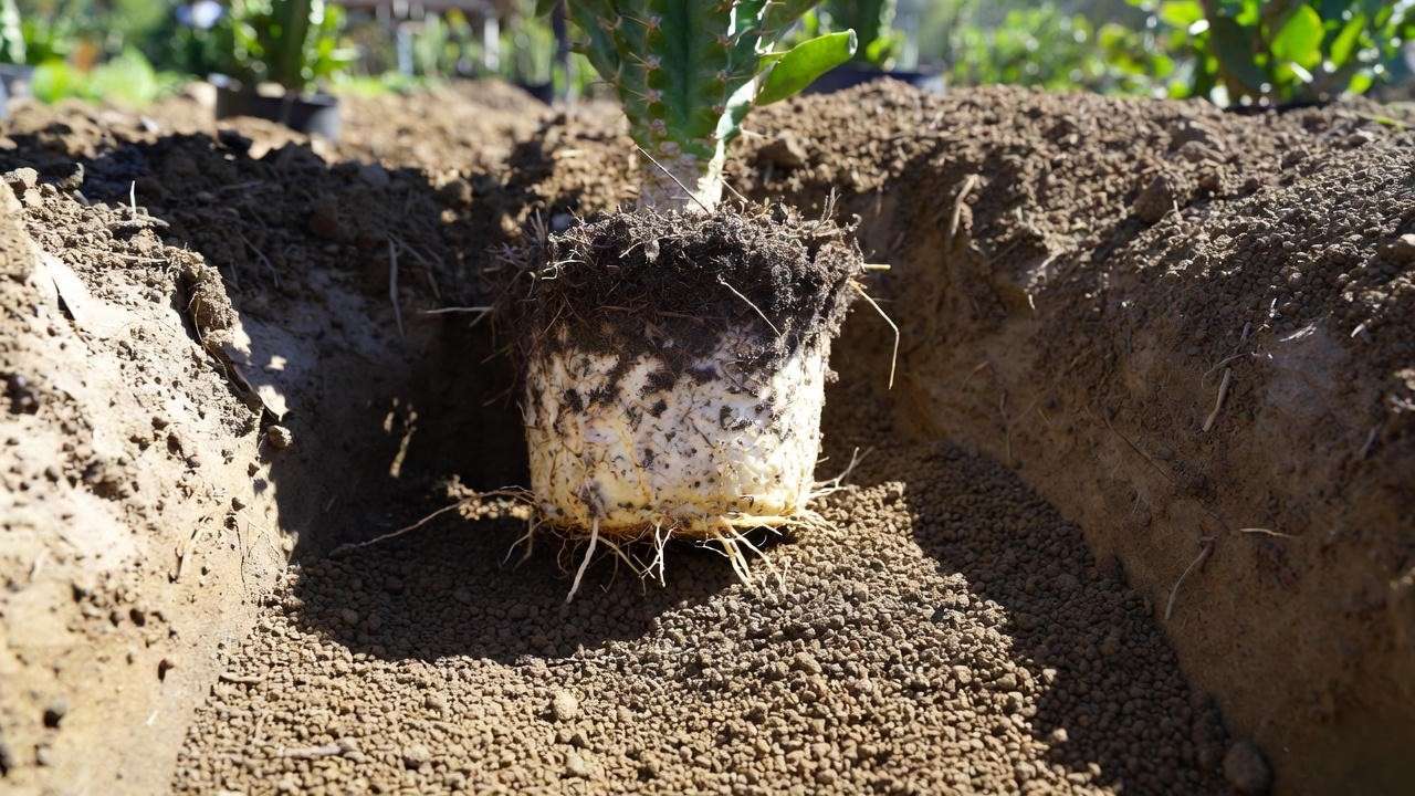 Proper planting technique for gopher plant showing raised crown and gritty soil mix