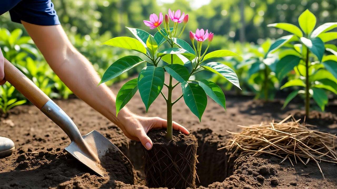 Step-by-step planting of Tabebuia impetiginosa tree with mulch and foliage."