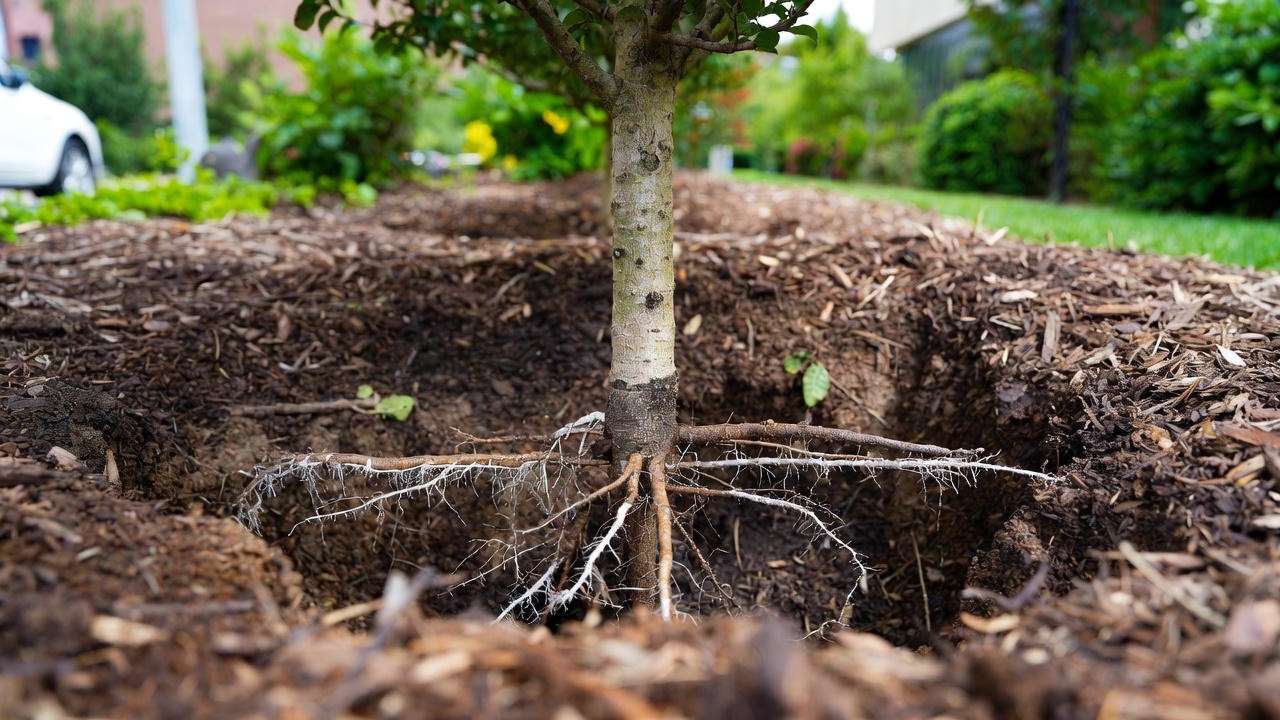 Correct planting depth showing exposed root flare on Dynamite crape myrtle tree