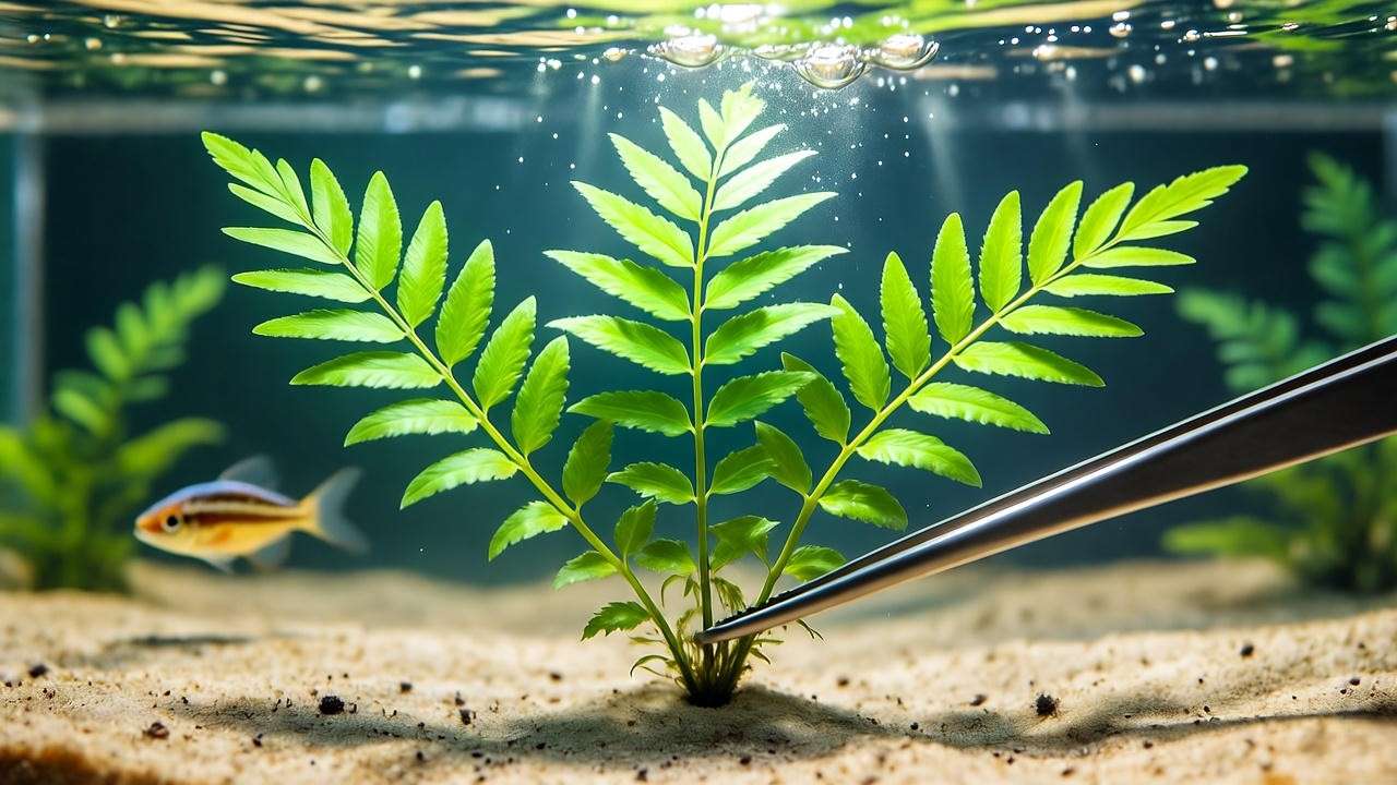 Wisteria aquarium plant being planted with tweezers in a nutrient-rich substrate, with small fish swimming."