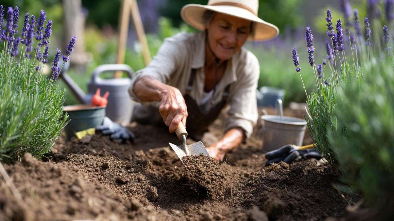 Gardener preparing well-draining soil with sand for lavender planting