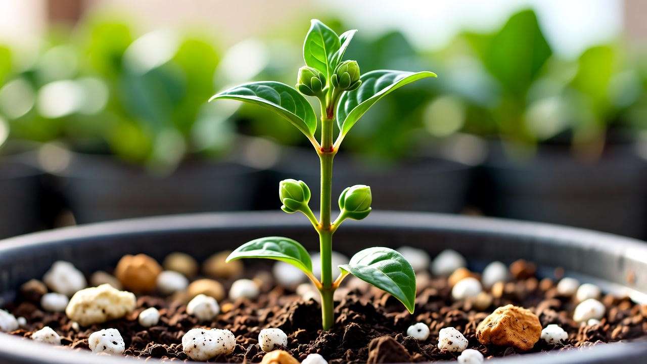 Pinwheel jasmine stem cutting in pot with perlite for propagation."