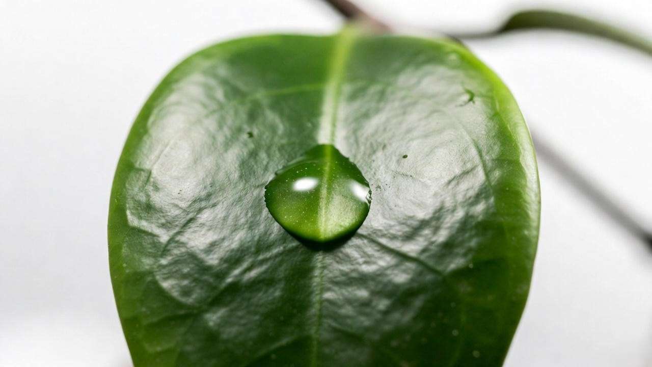 Single heart-shaped Hoya kerrii Sweetheart Plant leaf with water droplet close-up