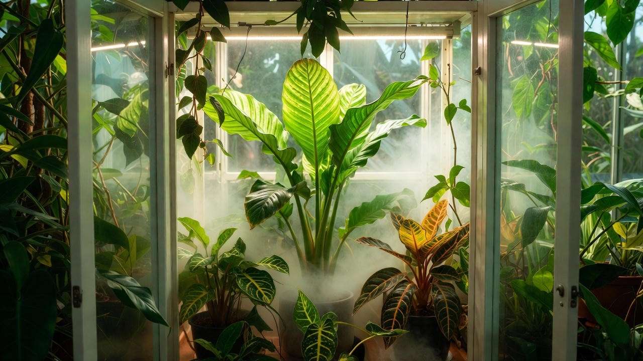 Frizzle Sizzle thriving in high-humidity greenhouse cabinet setup