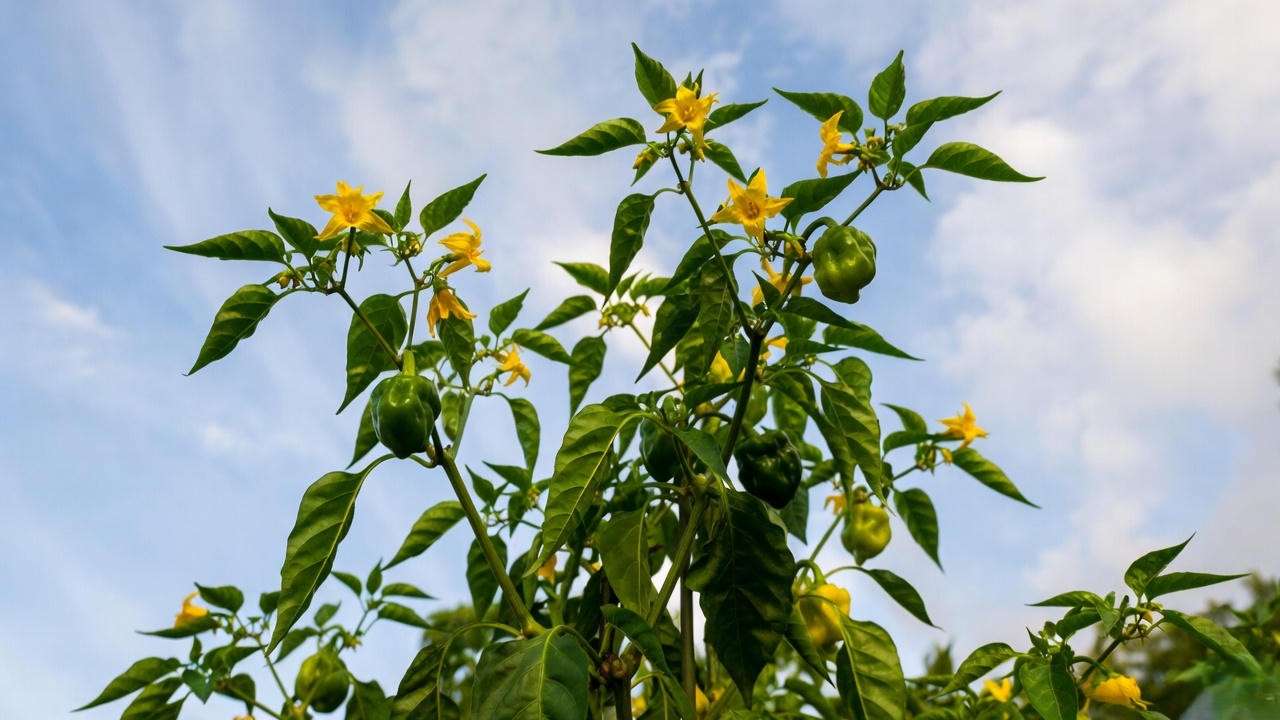 Lemon Drop pepper plant thriving in full sun with flowers and young fruits