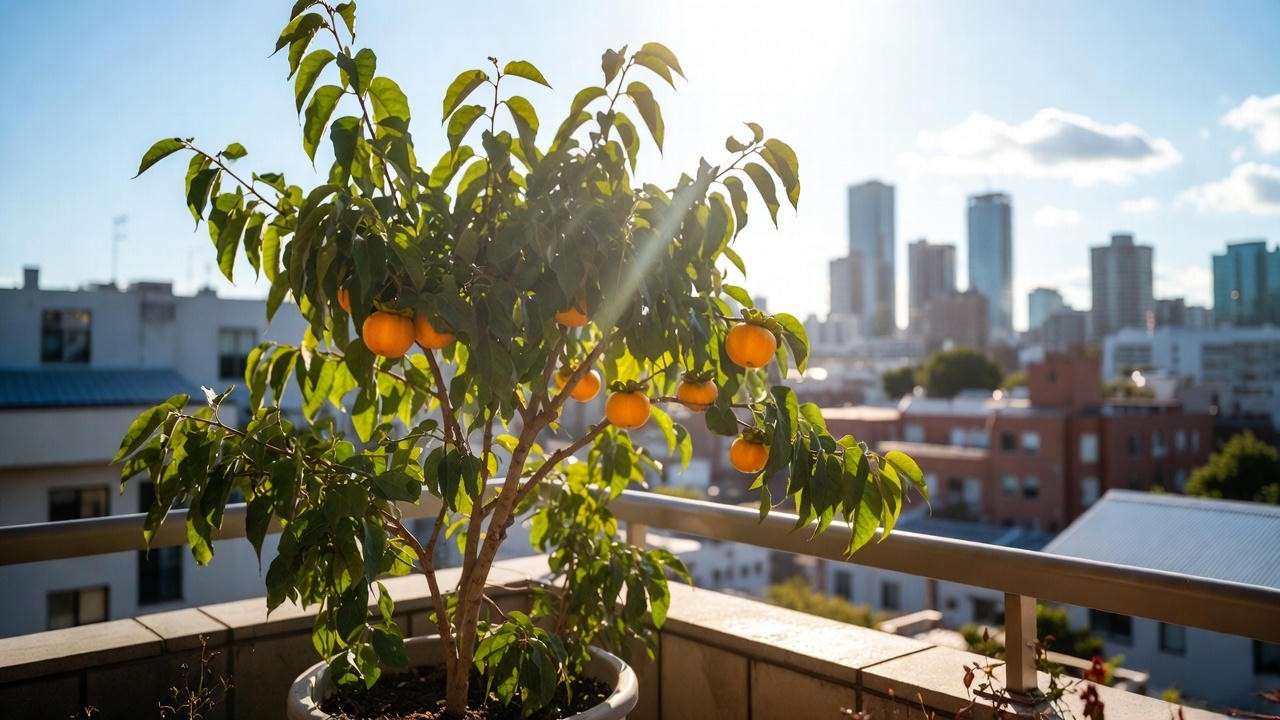 Dwarf persimmon tree receiving 8+ hours of direct sunlight on a sunny balcony – ideal growing conditions