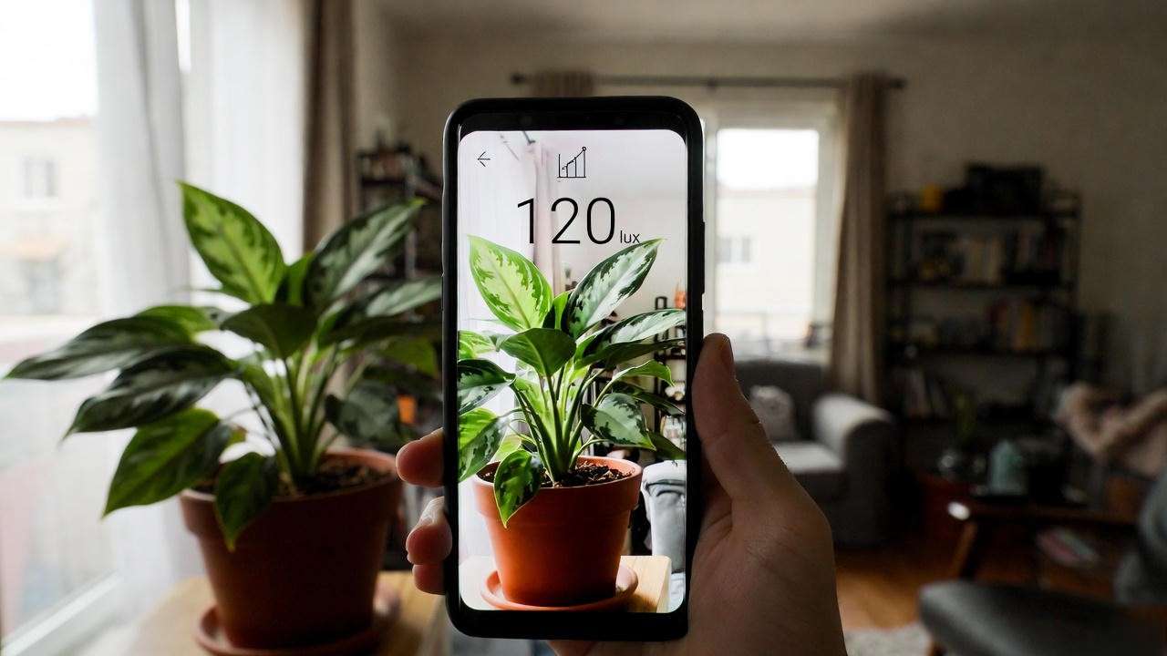 Measuring ideal low light levels for Aglaonema Maria with lux meter