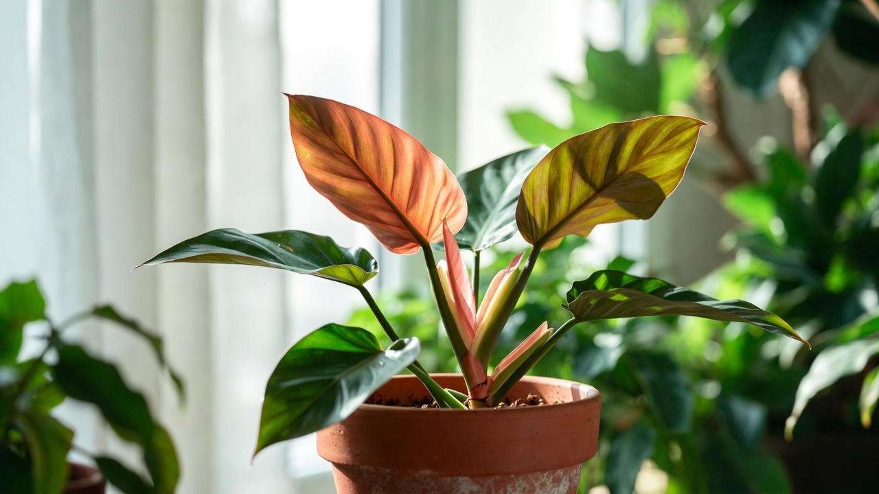 "Philodendron Red plant thriving in bright indirect light near a window