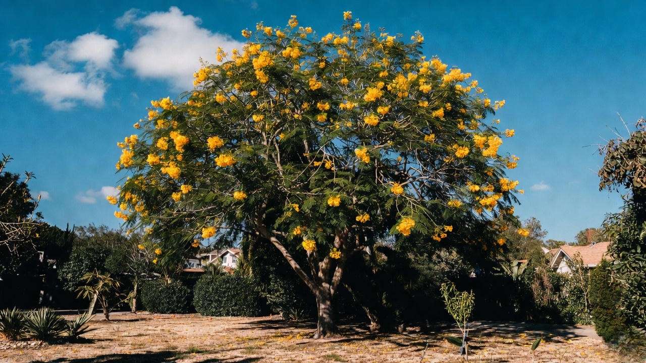 Gold trumpet tree thriving in full sun – minimum 8 hours direct light required