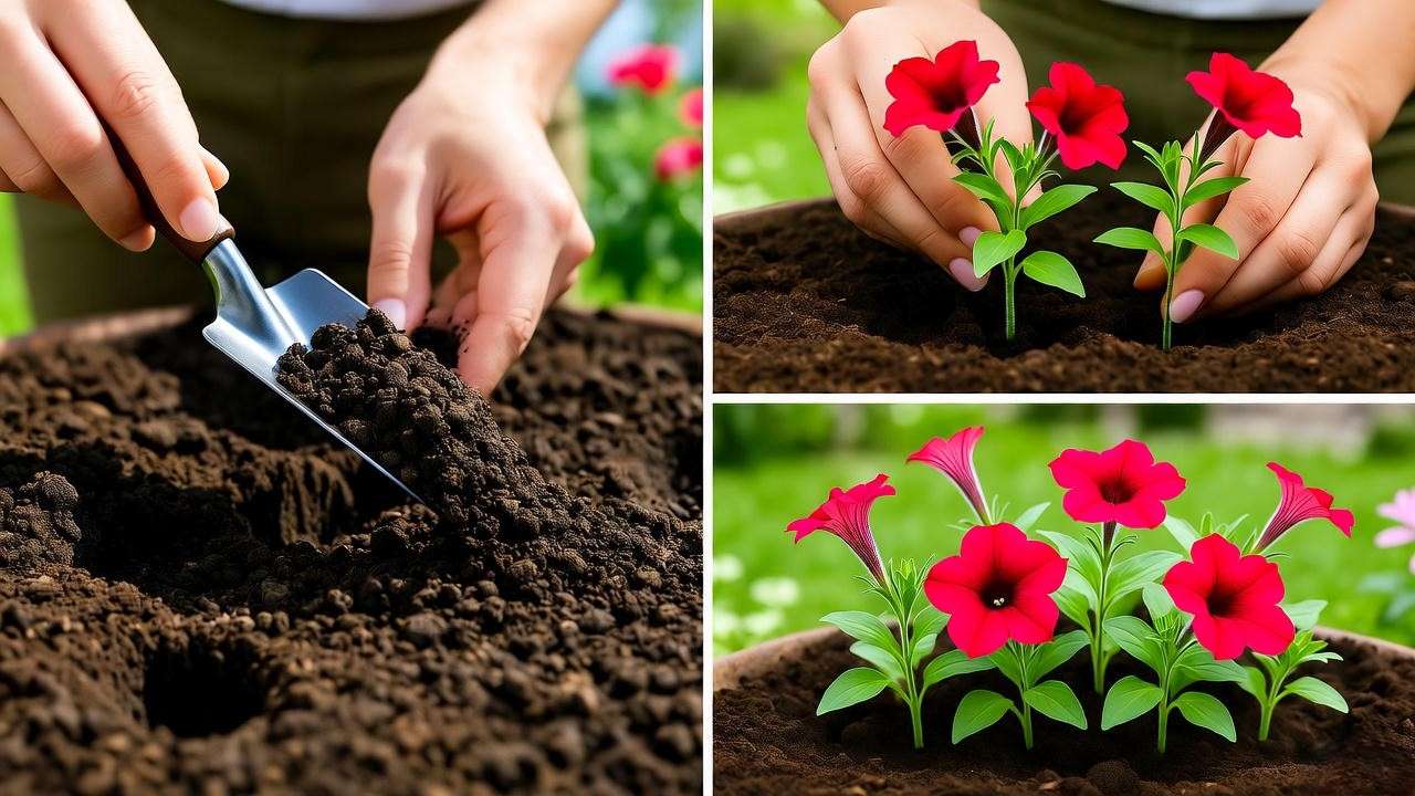 Step-by-step soil preparation and planting of red petunia seedlings in a pot".