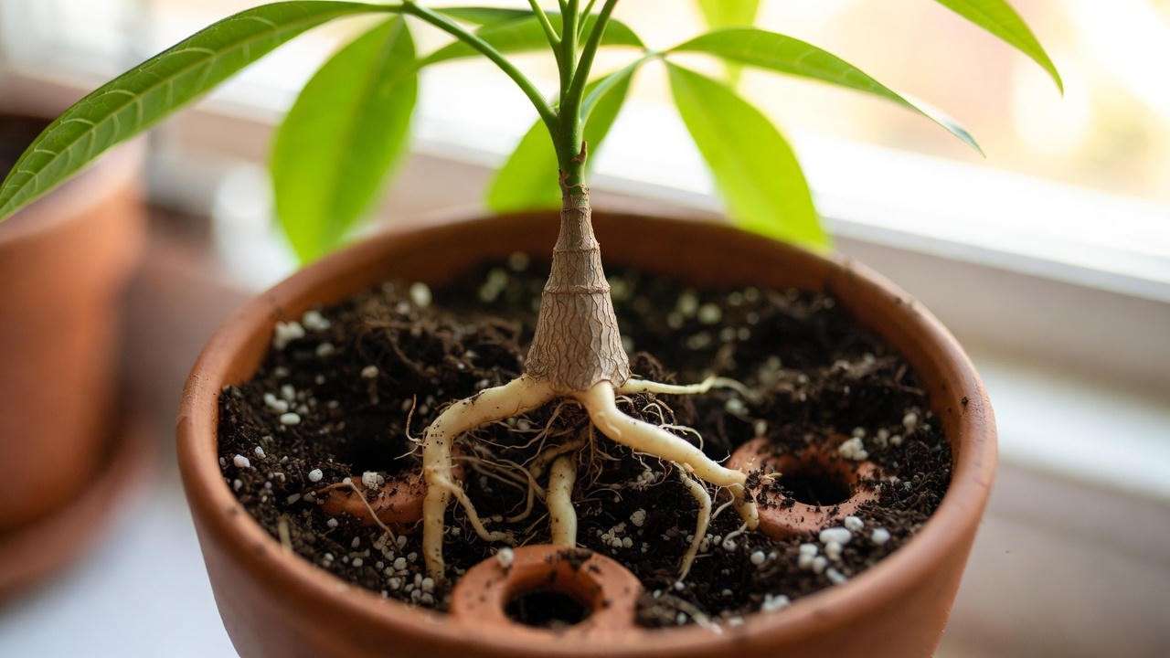 Close-up of a money tree being repotted with well-draining soil and perlite for healthy roots".