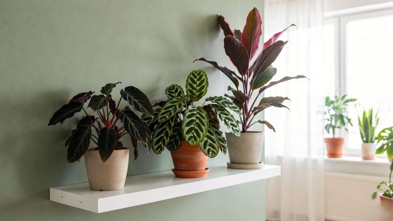 Black Cardinal philodendron, Calathea Dottie and Red Sister ti plant as indoor statement houseplants