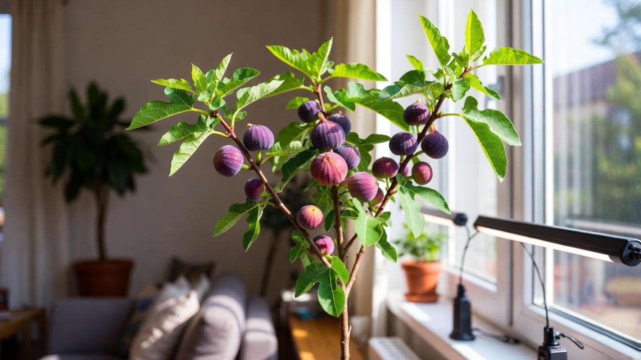 Fruiting fig tree growing indoors on sunny windowsill with supplemental grow light