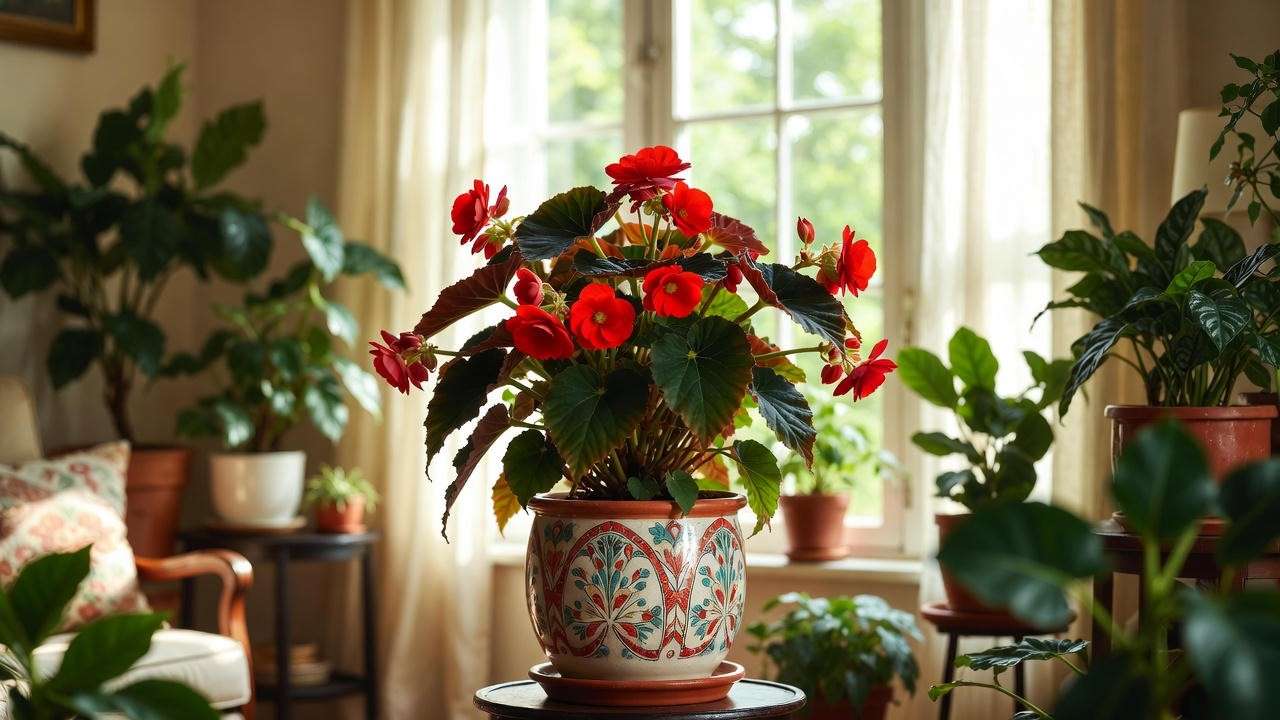 Red begonia plant styled indoors in a decorative pot on a side table with complementary green plants near a window."