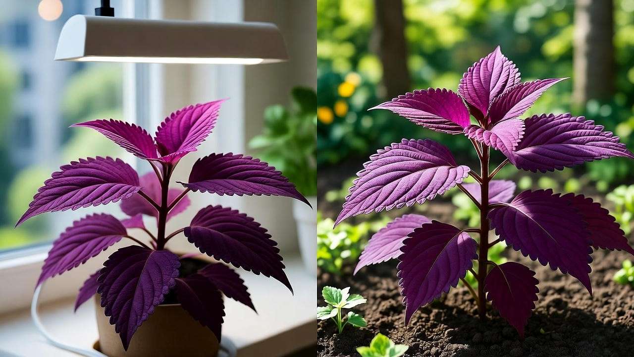 Purple coleus thriving indoors on windowsill and outdoors in shaded garden