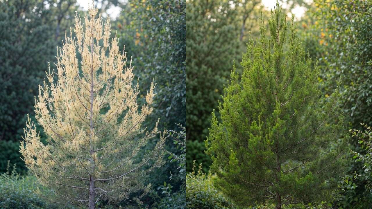 Before and after iron chelate treatment reversing chlorosis in tall skinny arborvitae