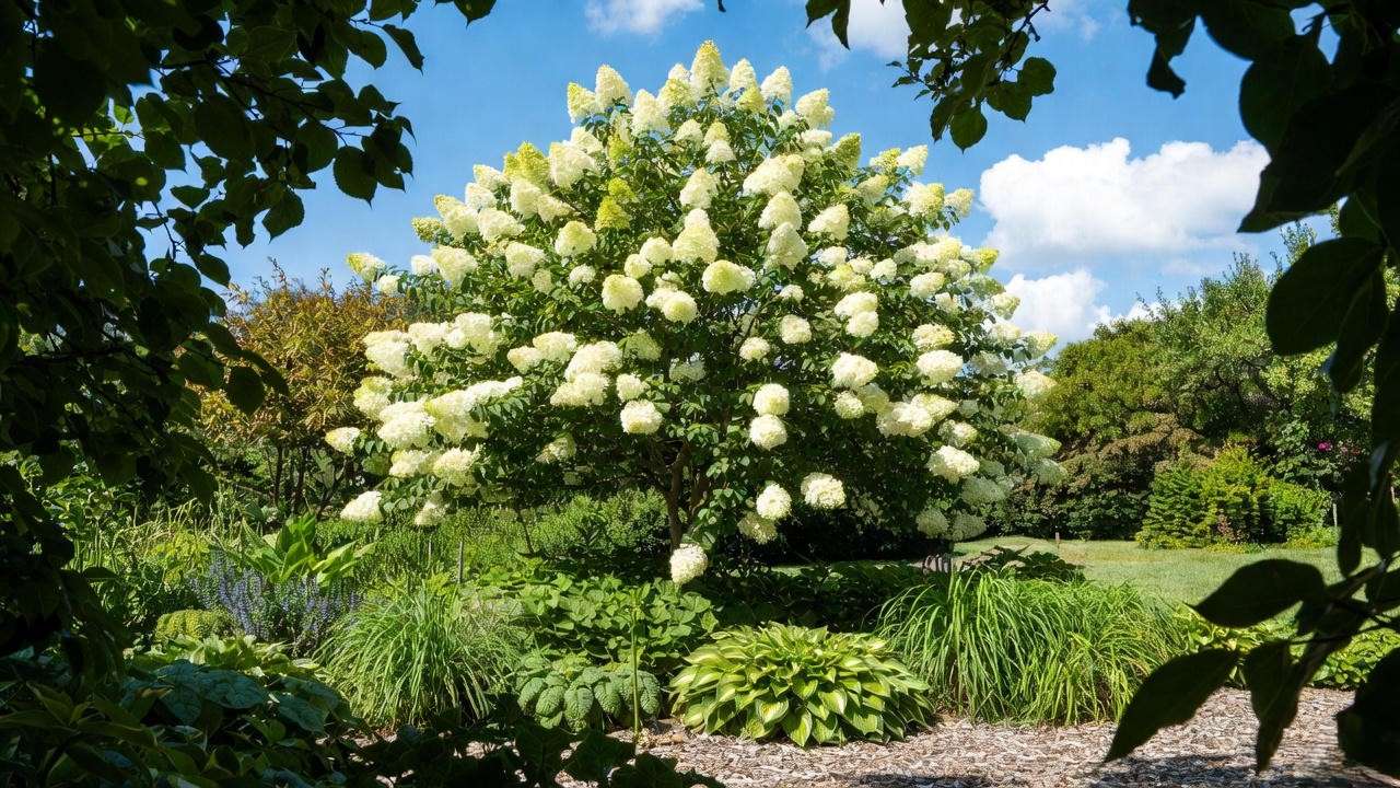 Hydrangea Paniculata tree in a mixed garden bed with hostas and grasses."
