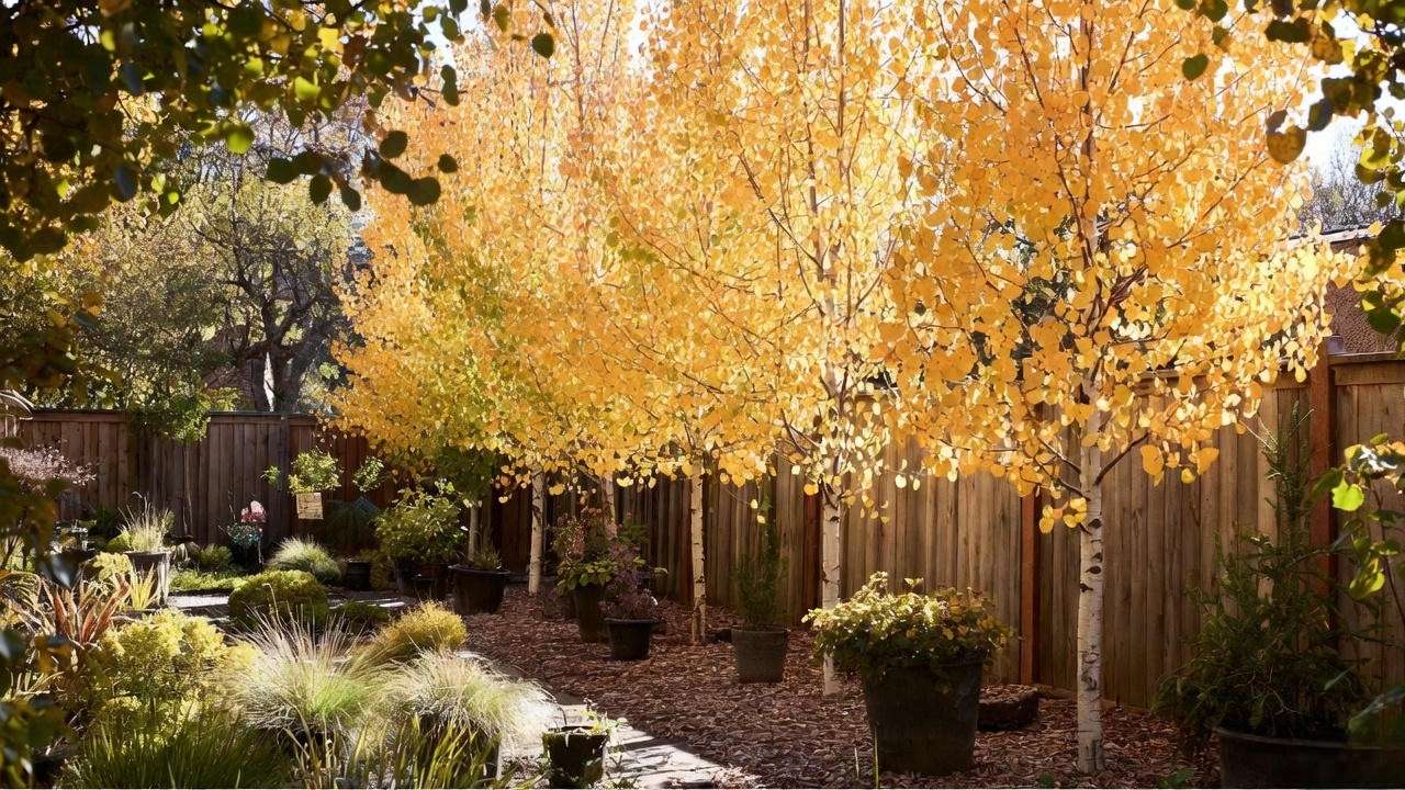 Urban backyard with Swedish columnar aspen trees as a privacy screen, potted plants, and ornamental grasses in autumn."