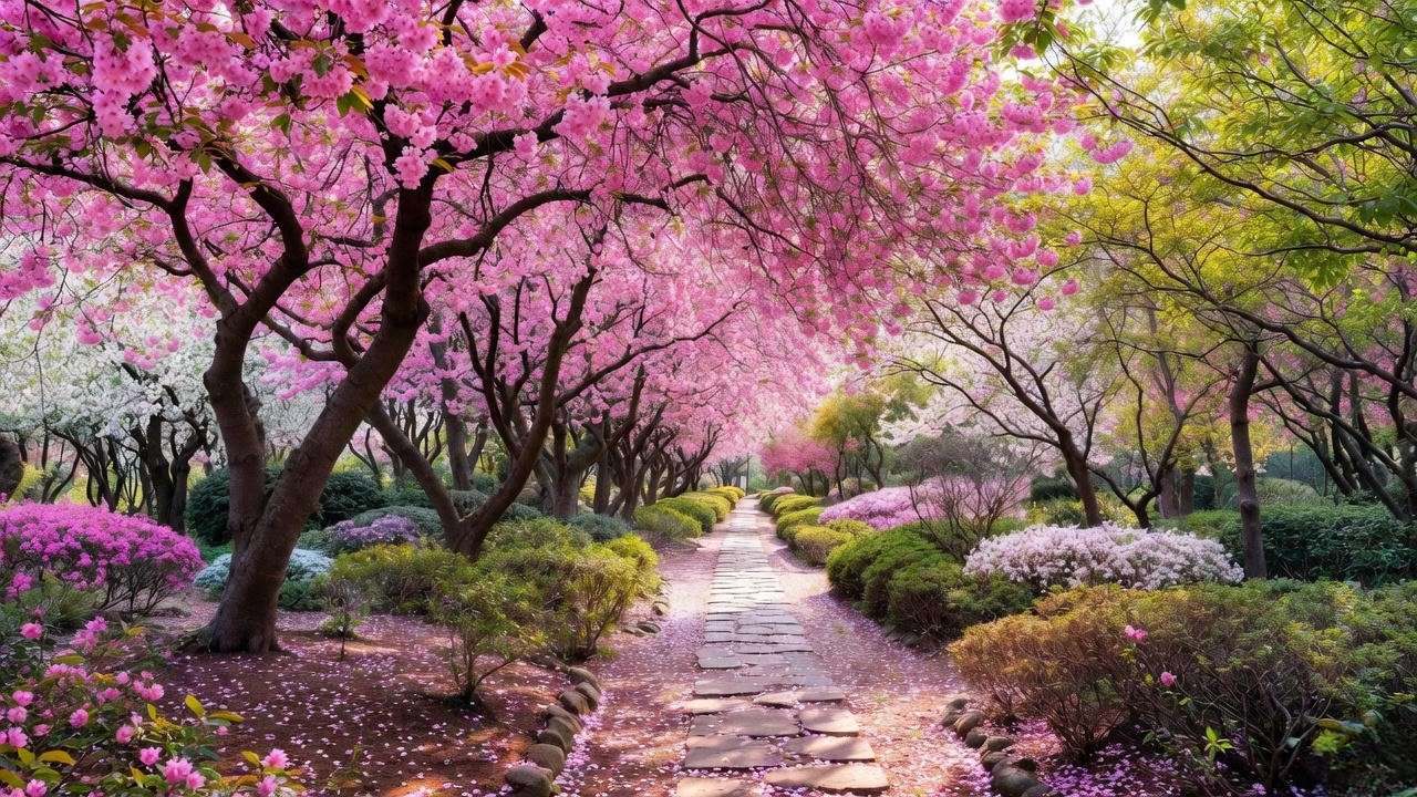 "Row of pink-blooming trees in Japanese-inspired garden with stone path".