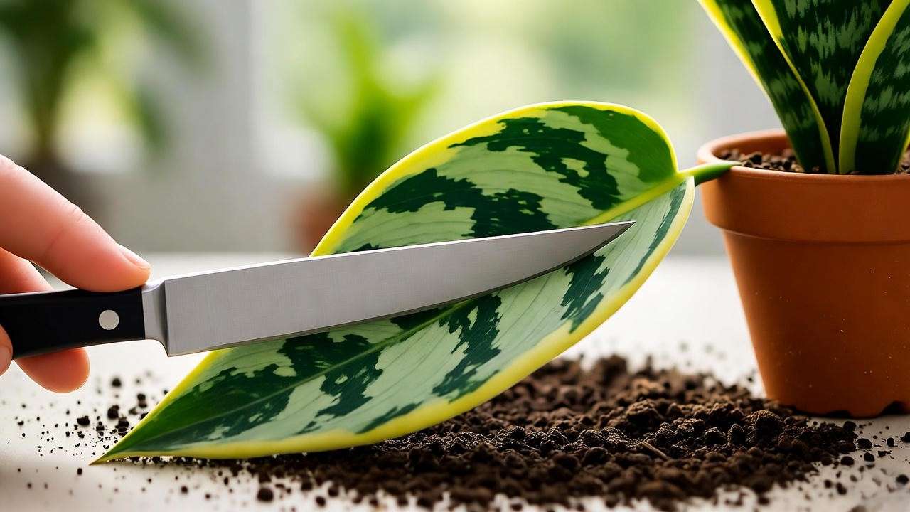 Close-up of a snake plant leaf being cut for propagation with soil and pot.