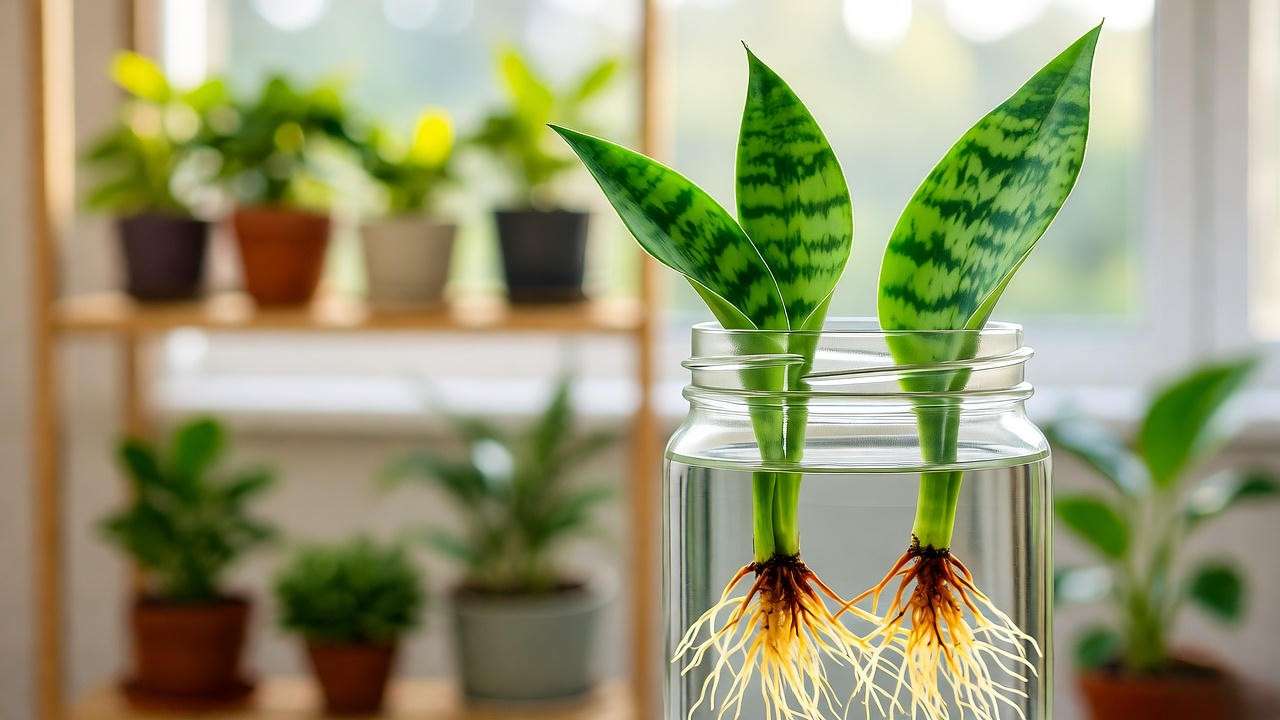 nake plant leaf cuttings rooting in water with indoor plant shelf background.