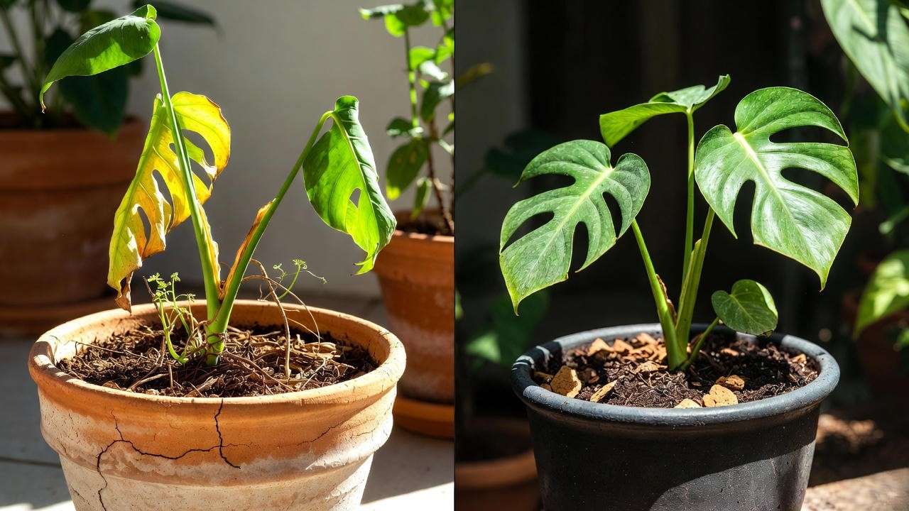 Comparison of dry vs correctly moist big terracotta plant pot in summer showing healthy vs stressed plant