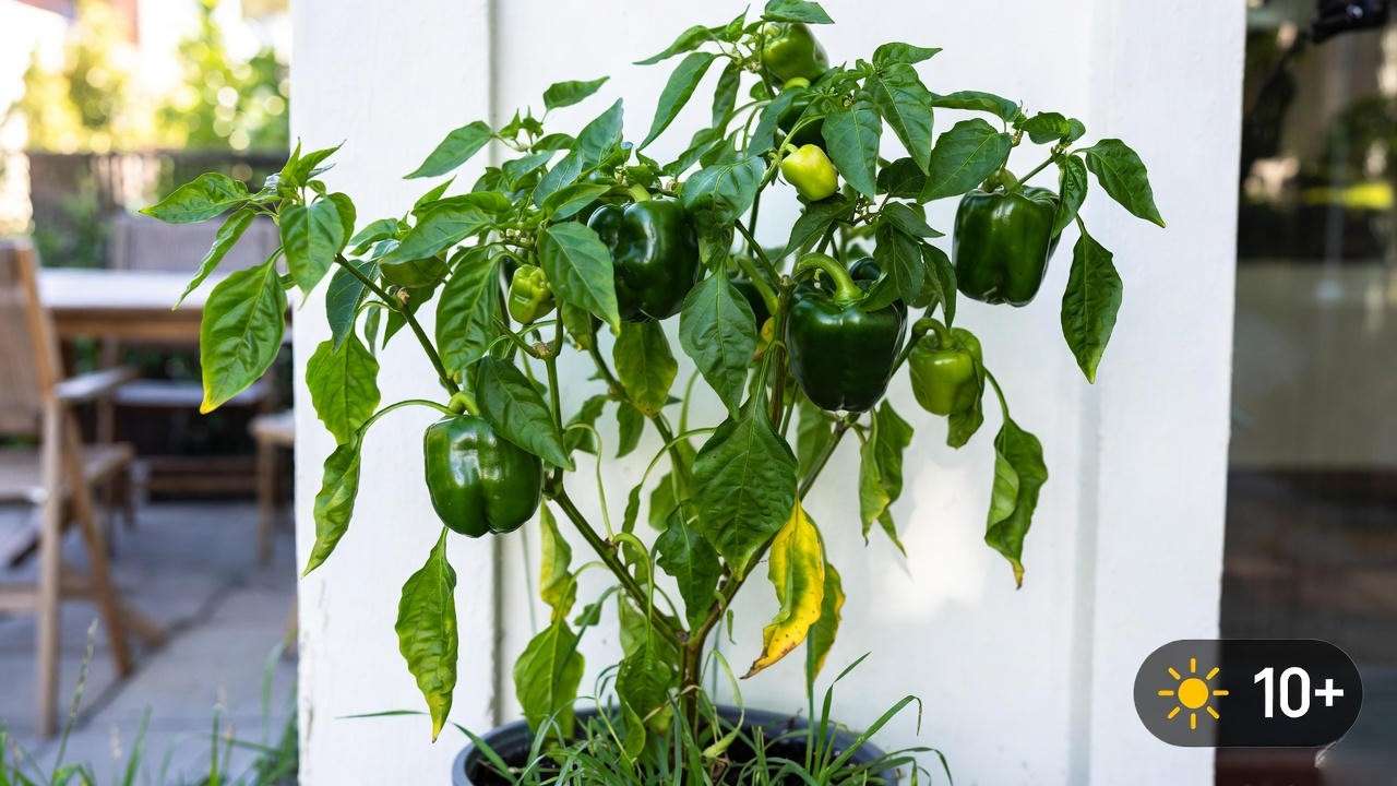 Ideal full-sun location for container bell pepper plant with reflective wall