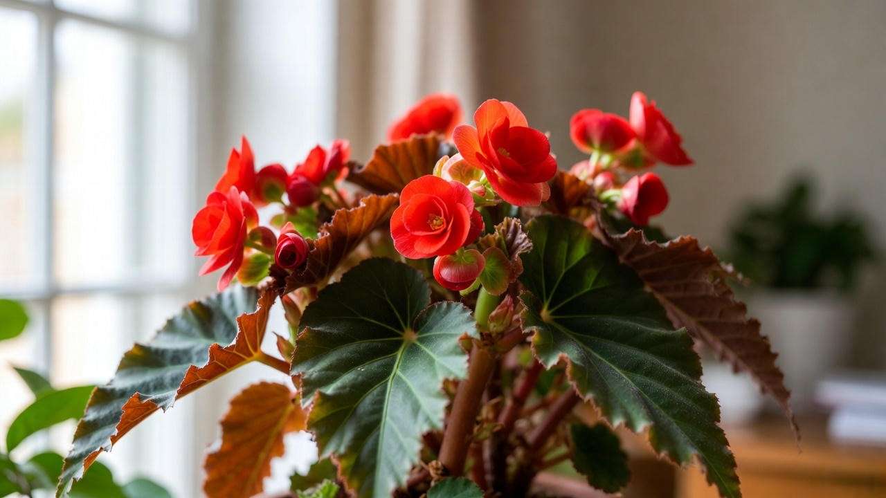 Red begonia plant thriving in bright, indirect light near a window with lush green leaves and vibrant red blooms."