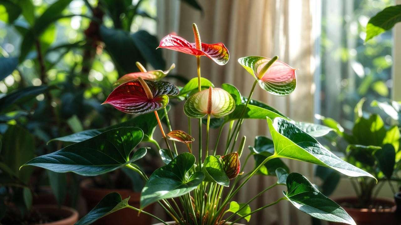 "Painters Palette plant thriving in bright indirect light near a window with sheer curtains."