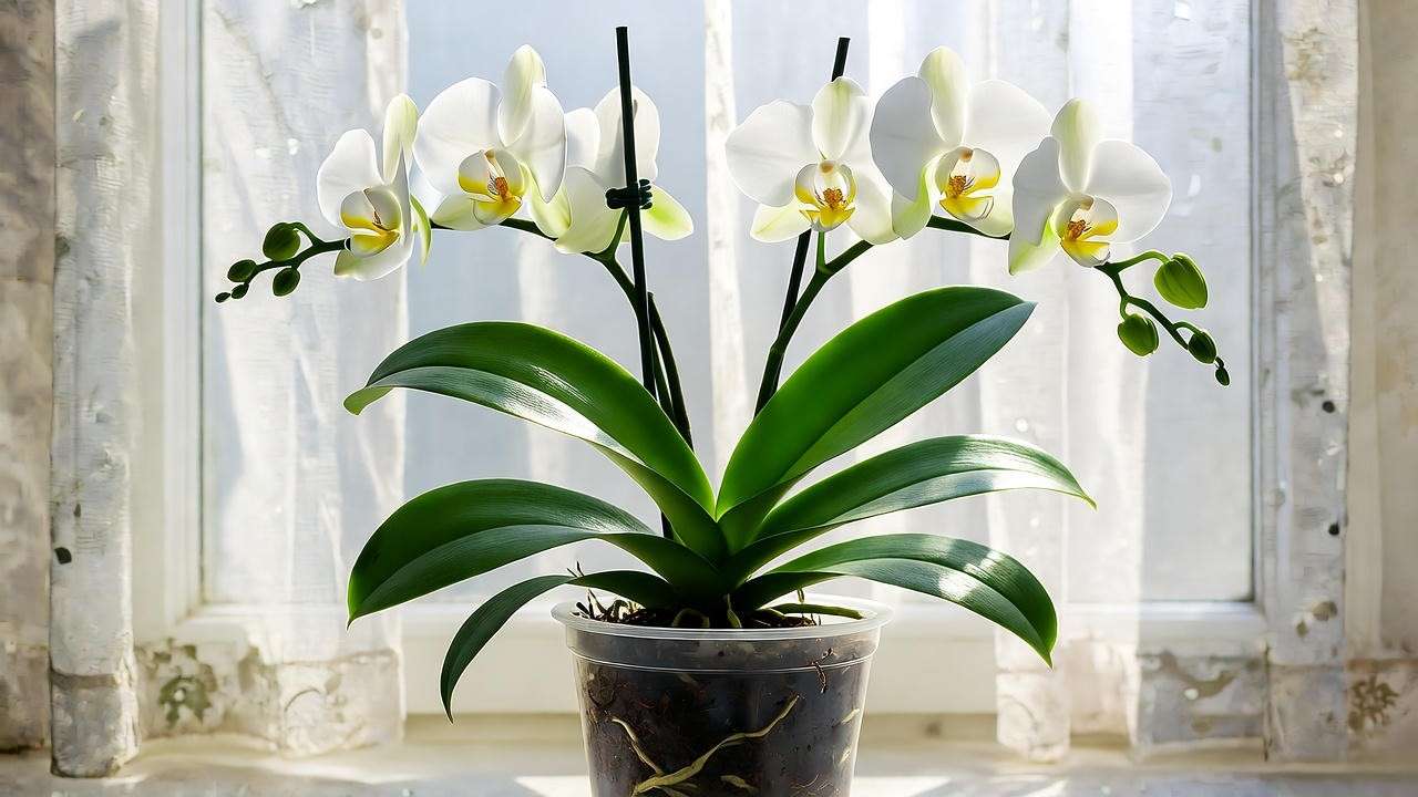 Orchid live plant thriving in east-facing window with sheer curtain and soft morning light