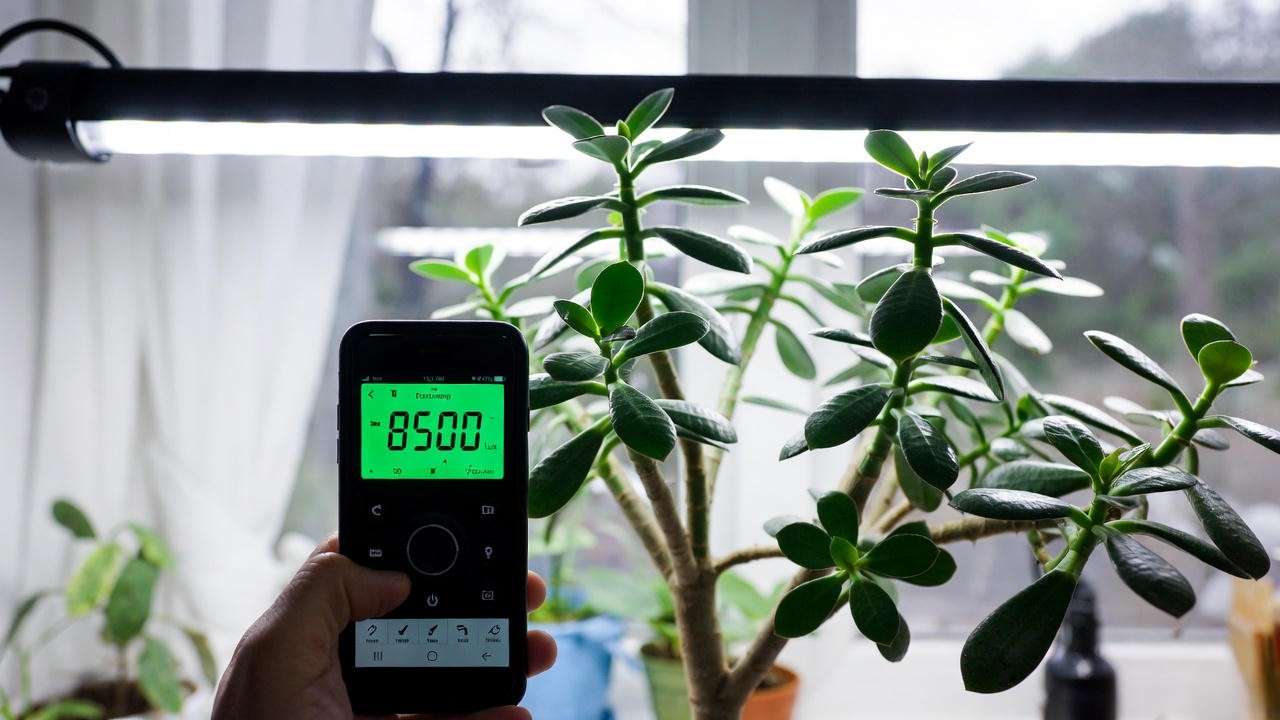 Measuring light levels with lux meter app for healthy tall succulent growth