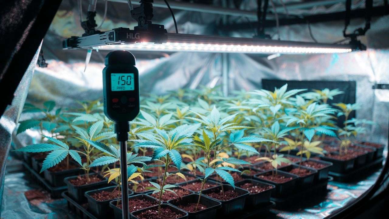 Cannabis clones under ideal low-intensity LED lighting for fast rooting