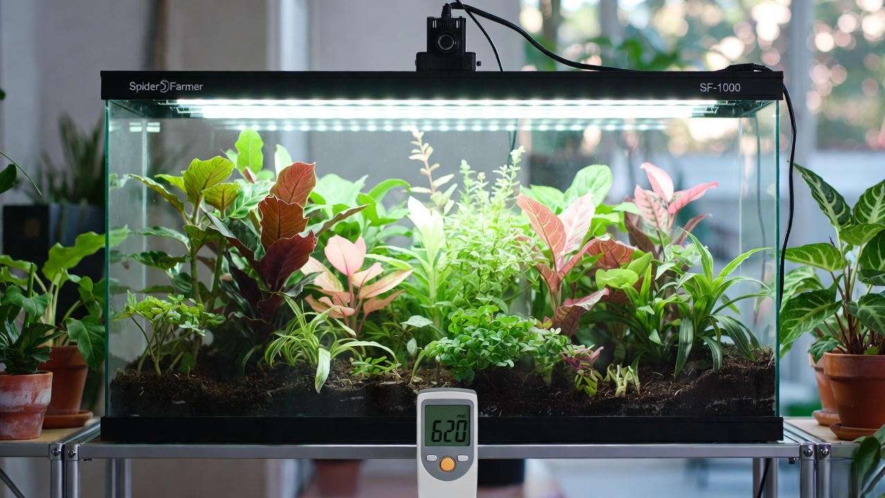 Air plant terrarium under full-spectrum grow light achieving perfect PAR for blooming