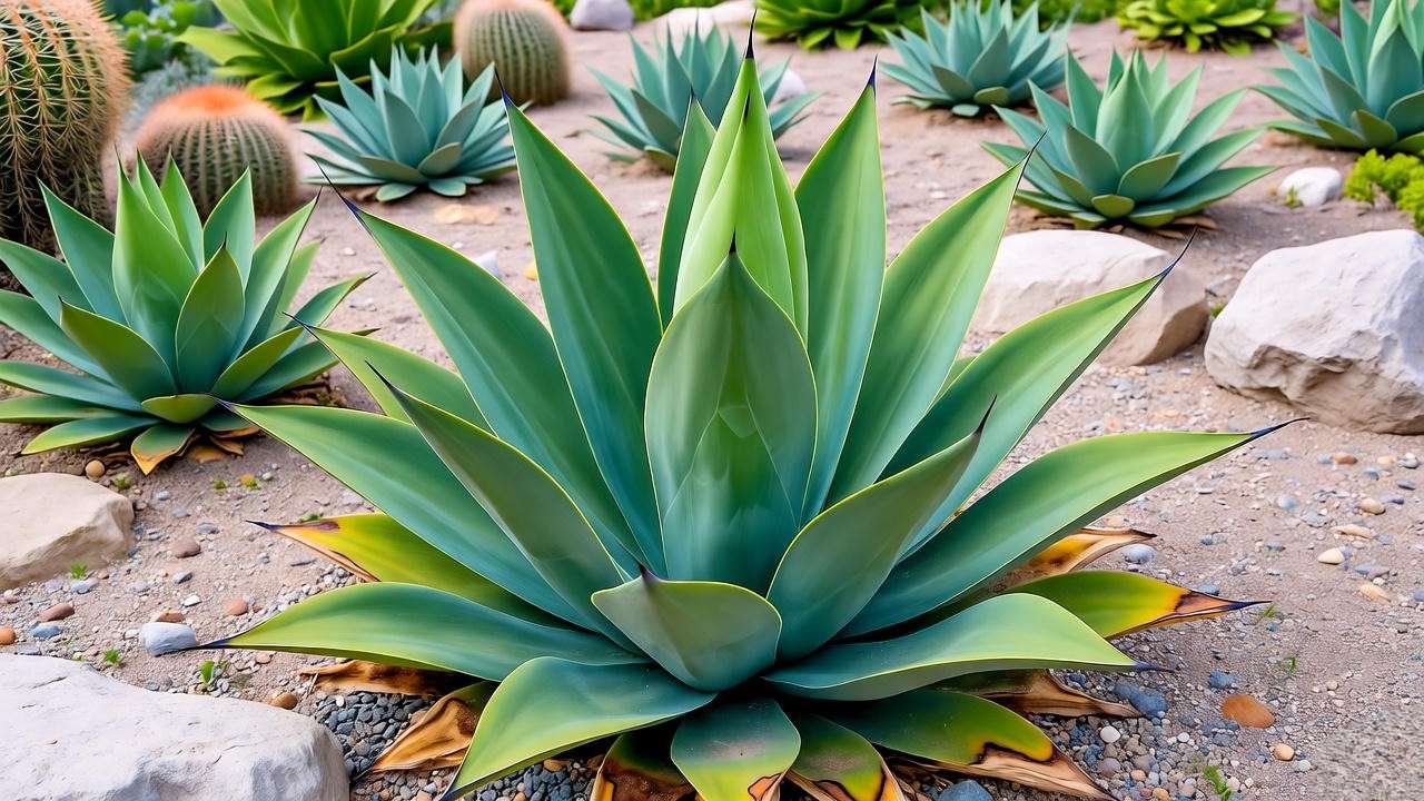 Sisal agave plant thriving in a drought-tolerant rock garden.
