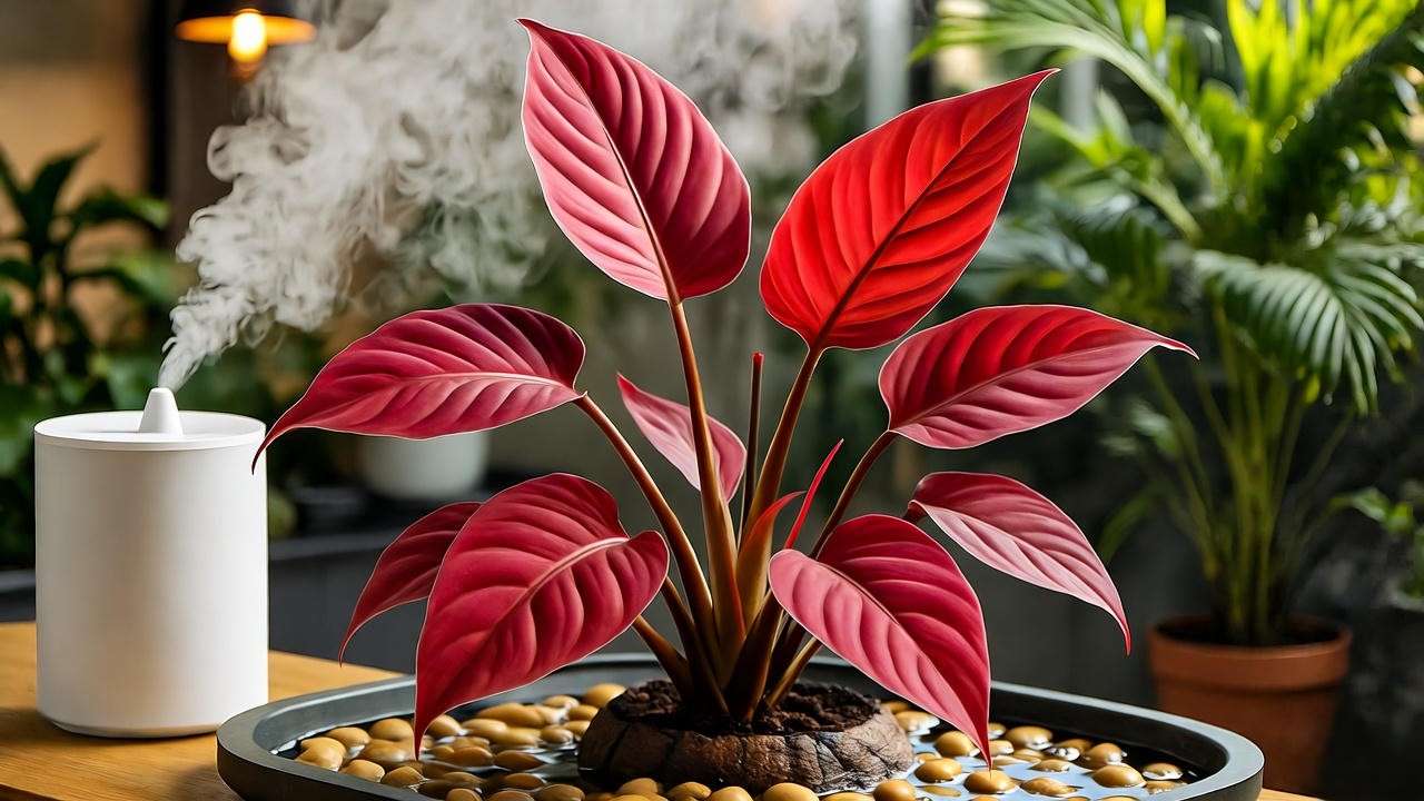 Red philodendron plant with humidifier and pebble tray for ideal humidity."