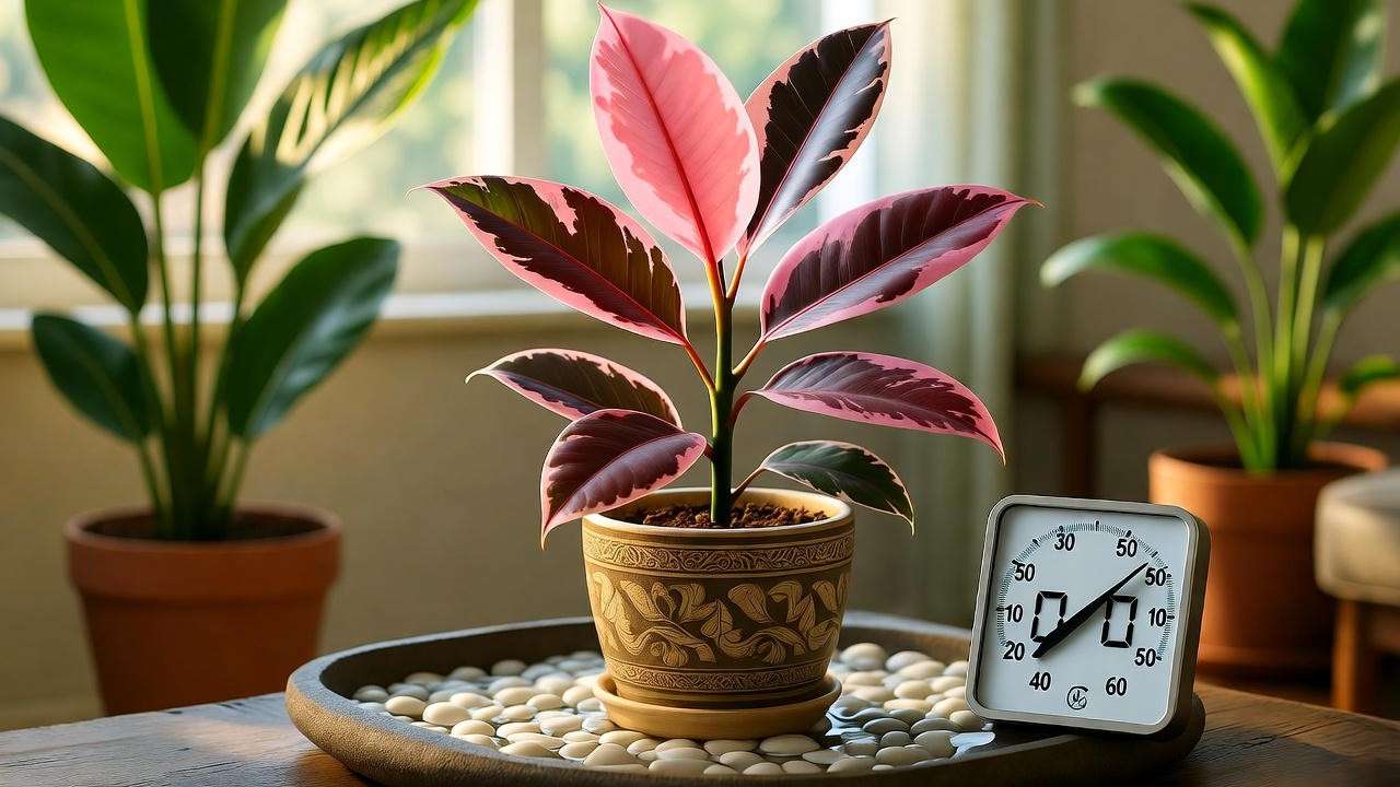 Rubber plant pink on a pebble tray with a hygrometer, demonstrating humidity care in a cozy indoor setting.