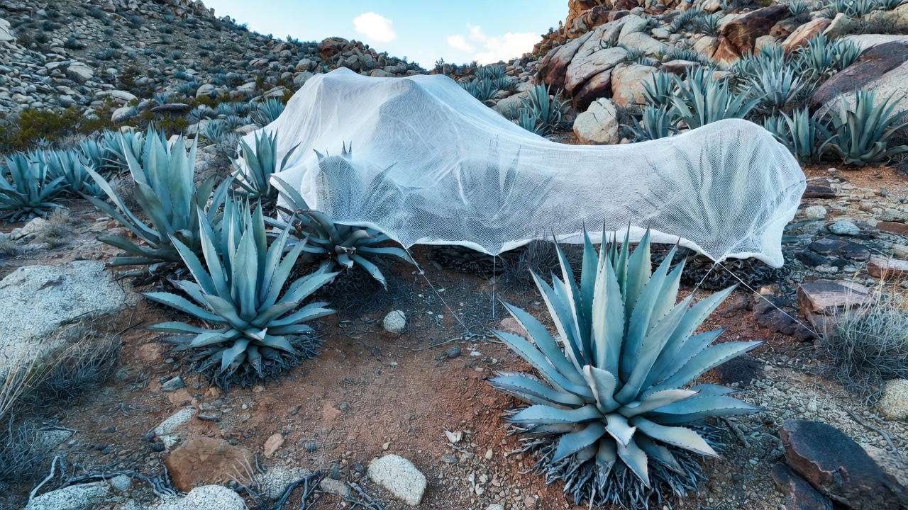 Spiky succulents like agave protected from frost with cloth in a rocky desert garden."