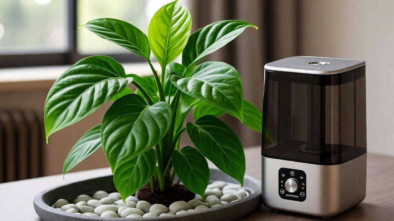 Kermit Plant with humidifier and pebble tray in a healthy indoor environment."