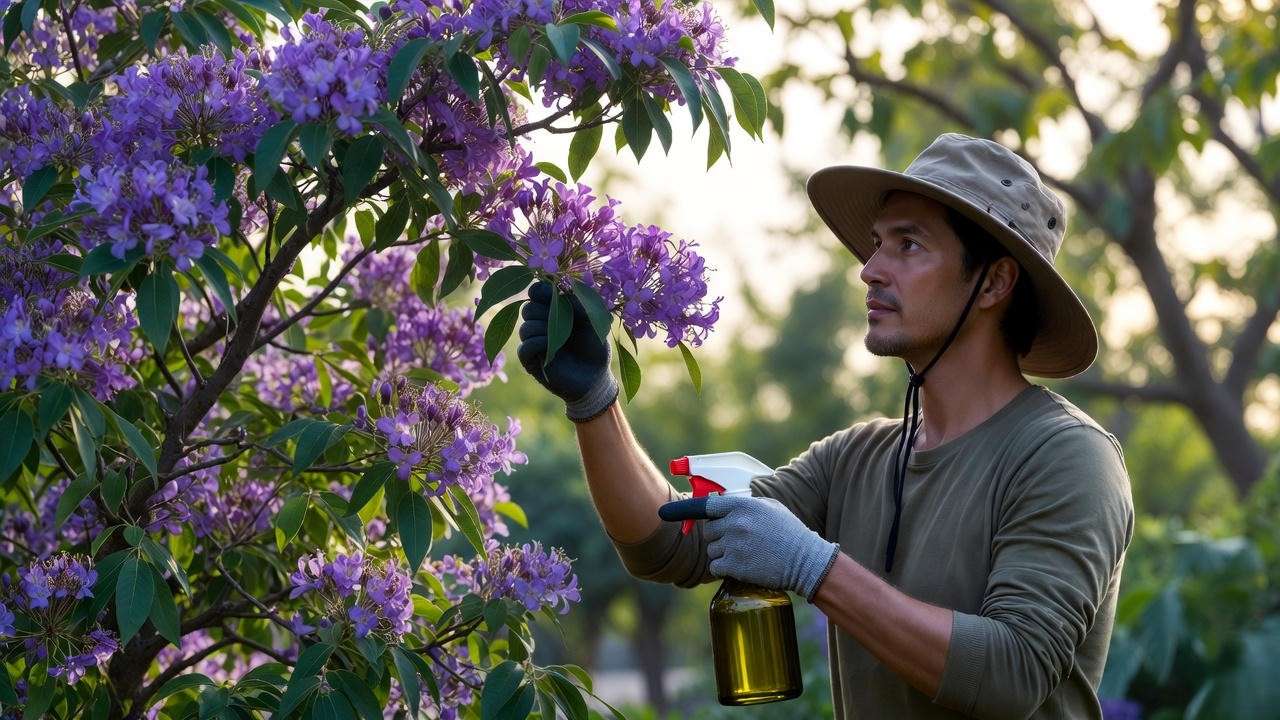 "Gardener applying neem oil to a purple-flowering tree for pest control