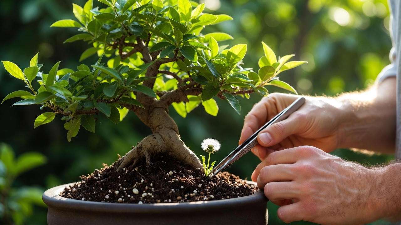 Close-up of bonsai tree with dandelion weed removal using tweezers"