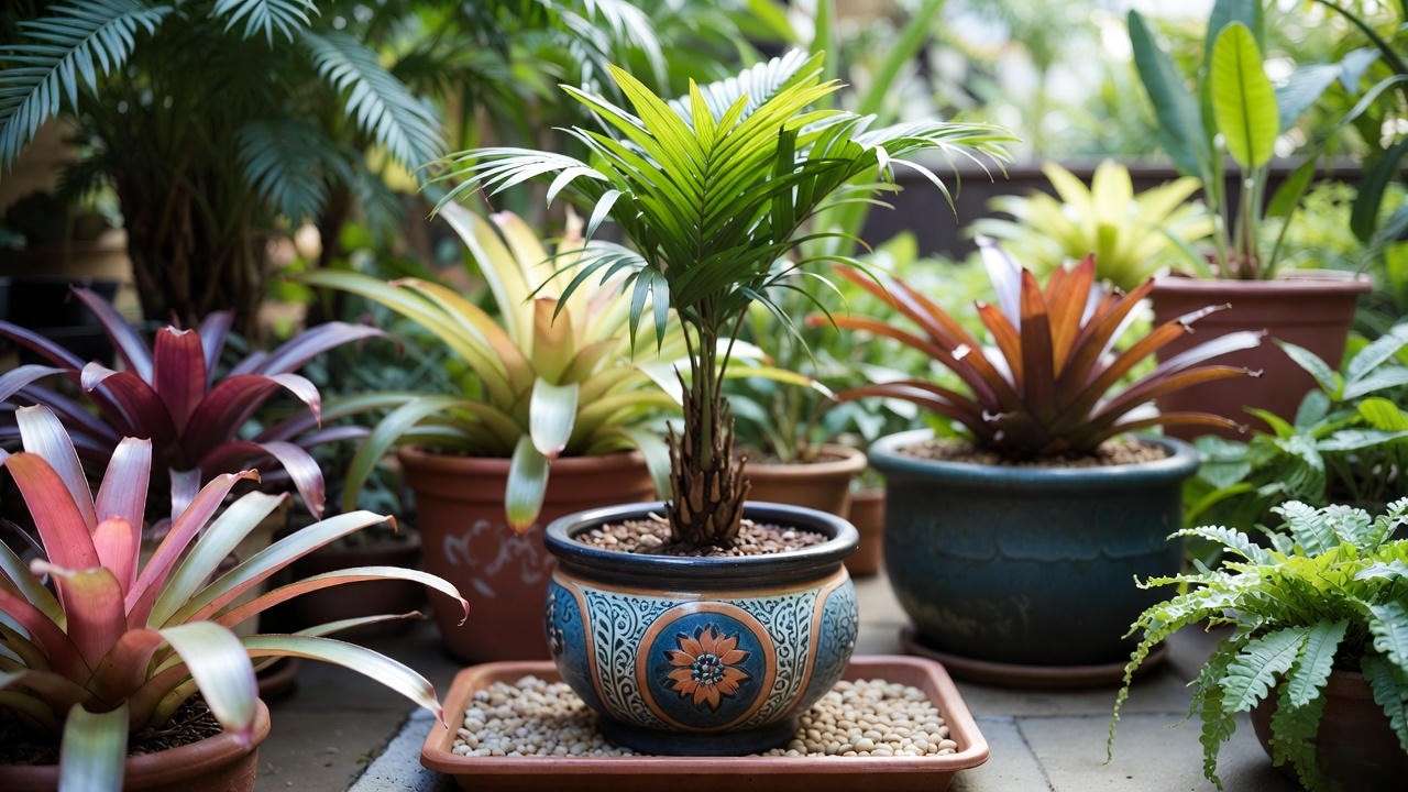 Adonidia palm tree in a decorative pot with pebble tray on a sunny patio."