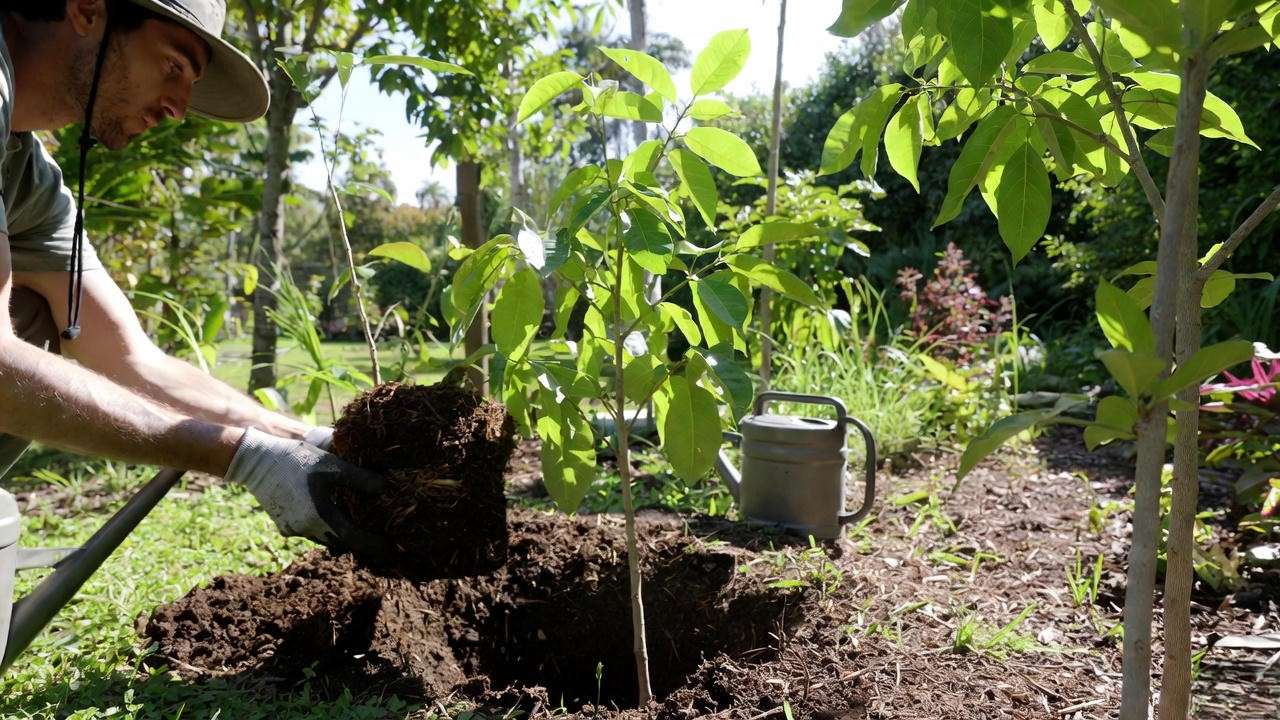 Step-by-step planting of a guanabana tree sapling with compost and watering can."
