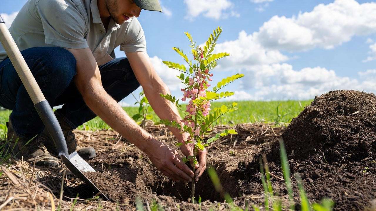 "Gardener planting a young flowering locust tree with shovel and compost in sunny garden."